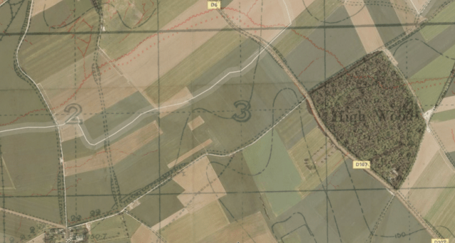 Aerial photo of the area overlaid with a trench map showing the Switch line in red